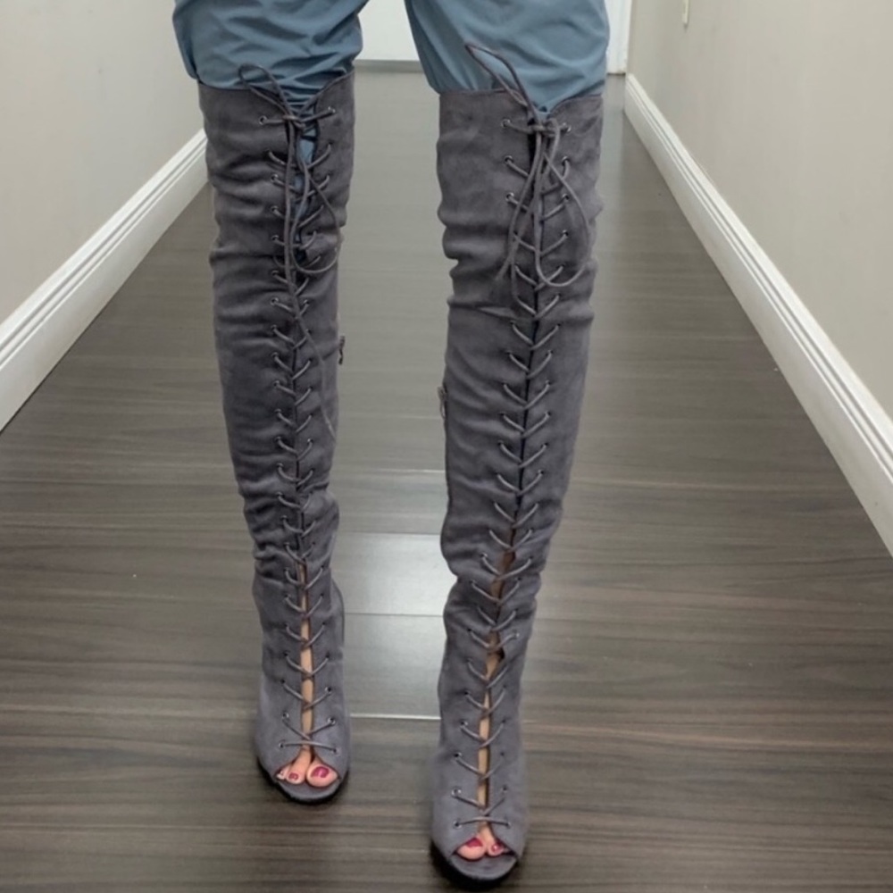 Brand New Sexy Grey Boutique Lace Up Heeled Boots - Picture 4 of 6